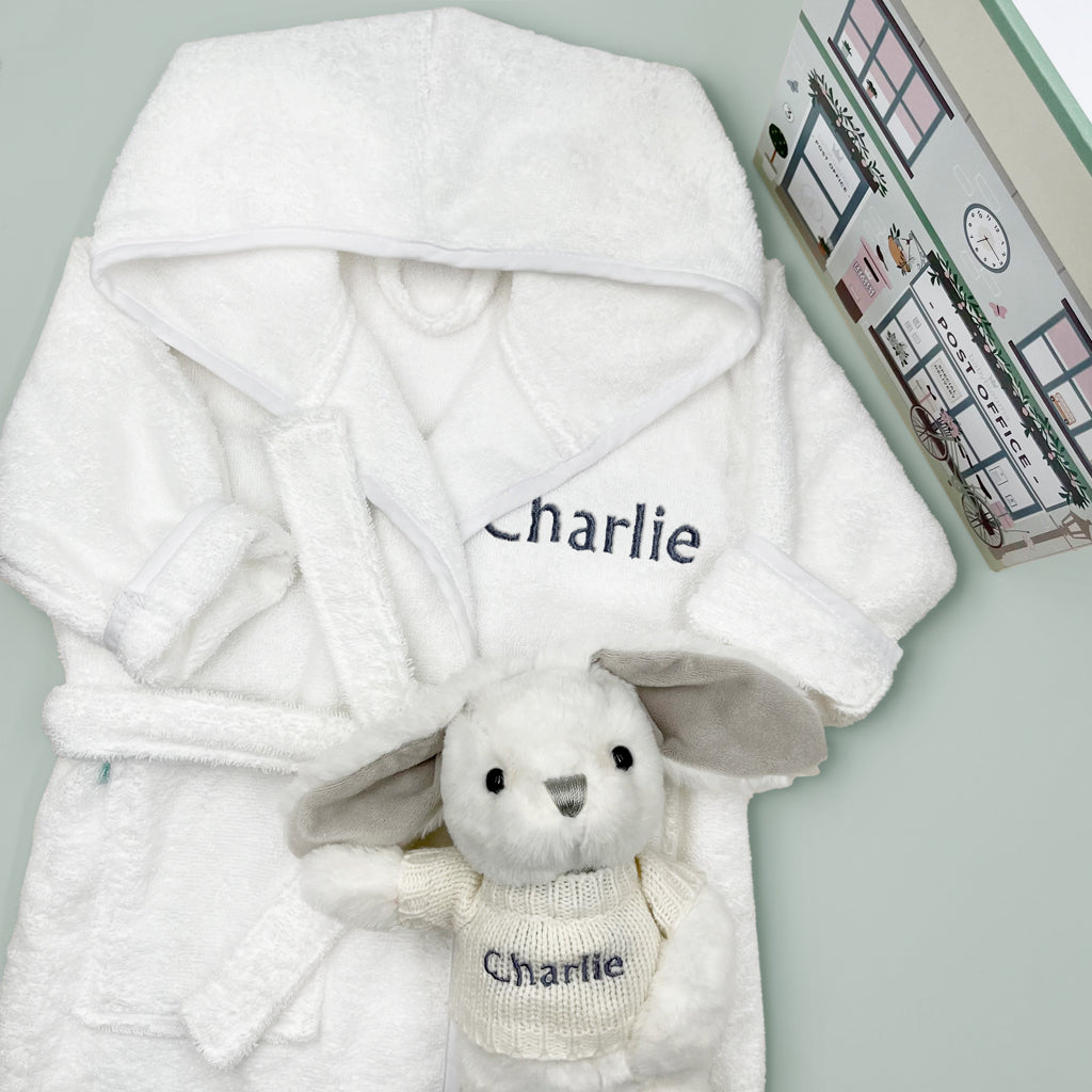 Little Bunny and Bathrobe Hamper, Grey - 0-12 Months with White Personalised Bathrobe