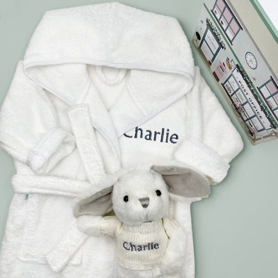 Little Bunny and Bathrobe Hamper, Grey - 1-2 Years with White Personalised Bathrobe