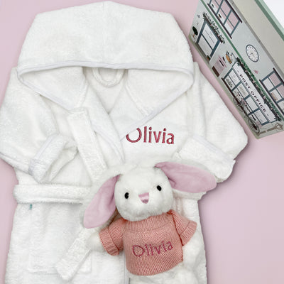 Little Bunny and Bathrobe Hamper, Pink - 1-2 Years with White Personalised Bathrobe