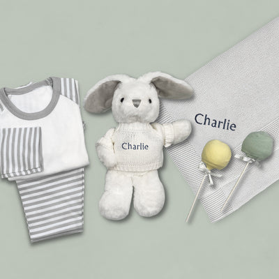 Little Bunny Sleepy Time Hamper, Neutral- 0-12 Months with White Personalised Bathrobe