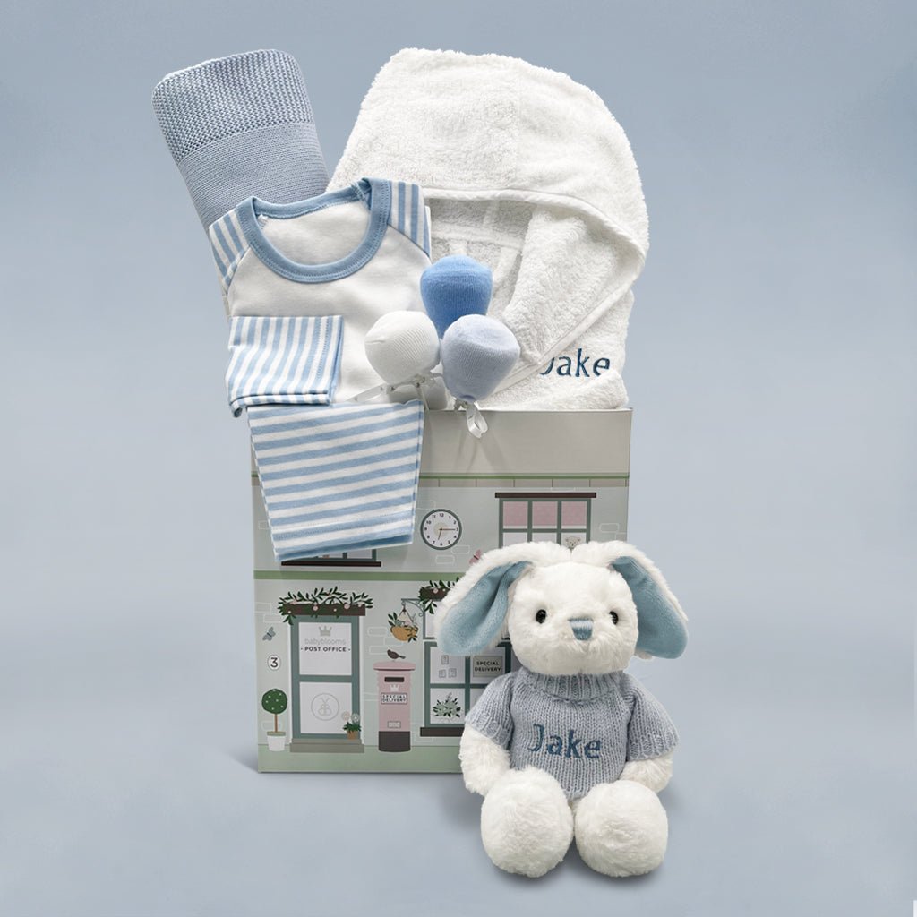 New Baby Boy Gift Hamper With White Personalised Bathrobe