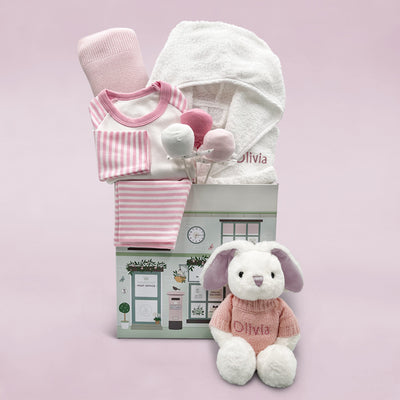 New Baby Girl Gift Hamper With White Personalised Bathrobe