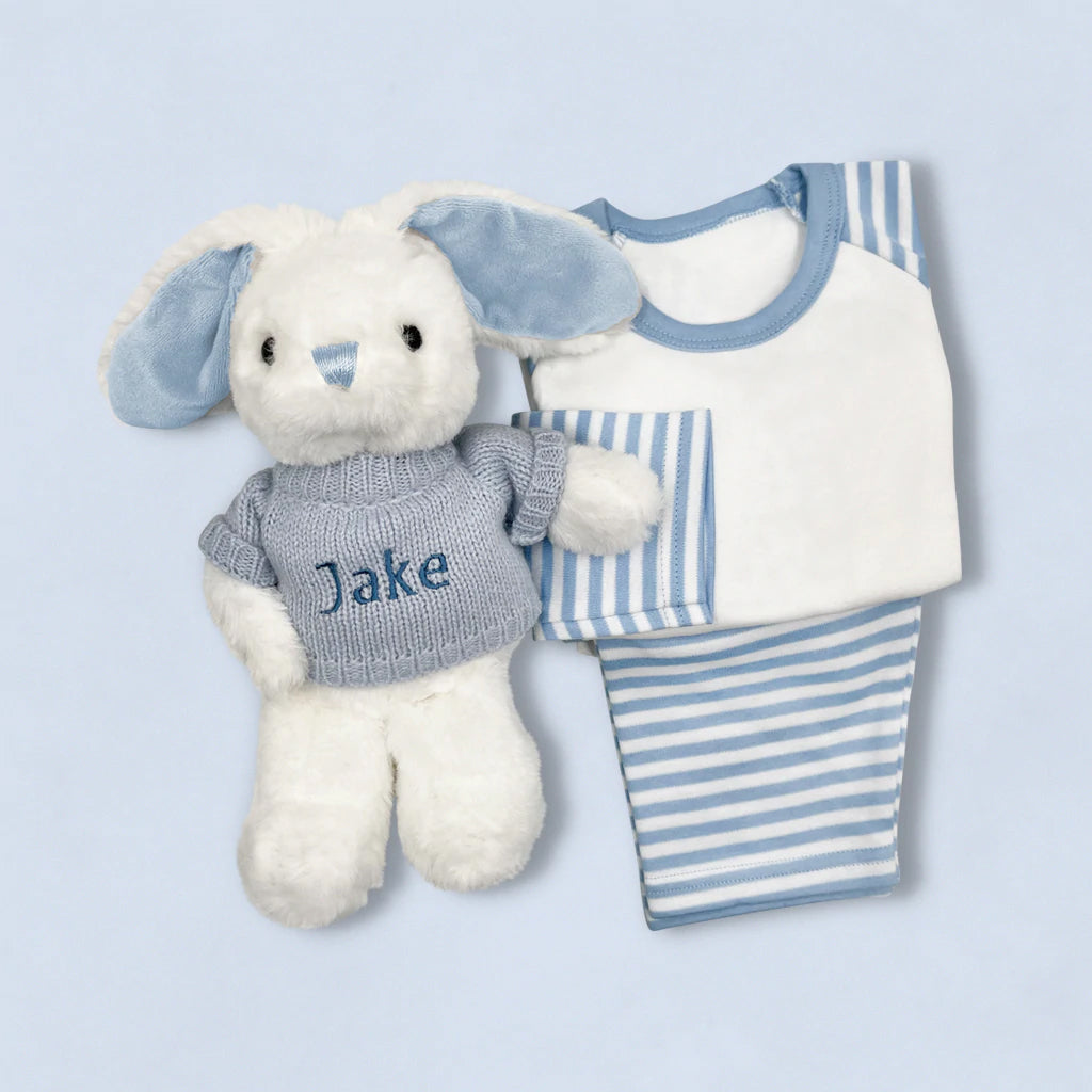 Little Bunny Bath and Bedtime Hamper, Blue - 6-12 Months with White Personalised Bathrobe