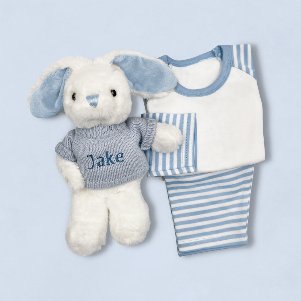 Little Bunny Sleepy Time Hamper, Blue - 0-12 Months with White Personalised Bathrobe