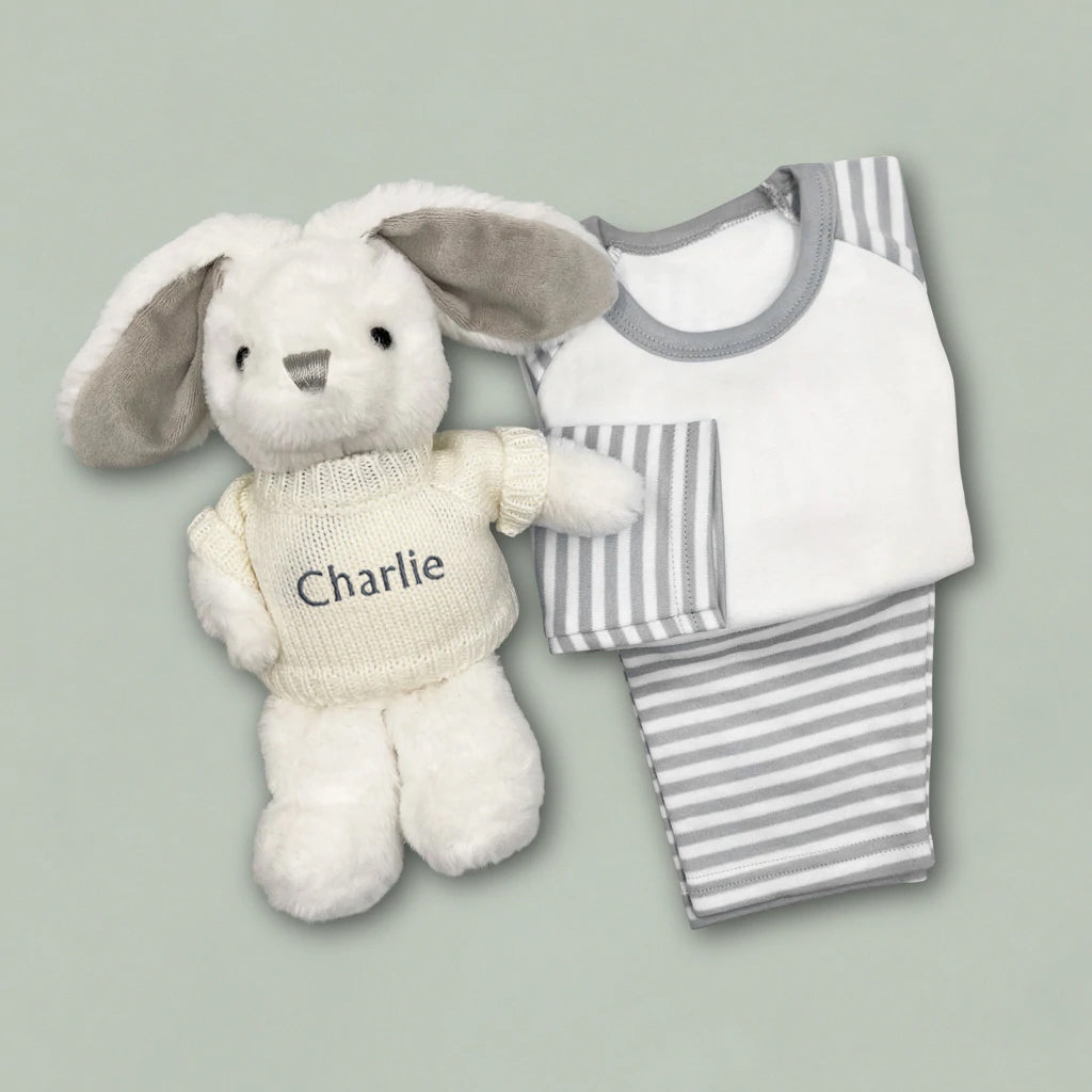 Little Bunny Bath and Bedtime Hamper, Grey - 6-12 Months with White Personalised Bathrobe