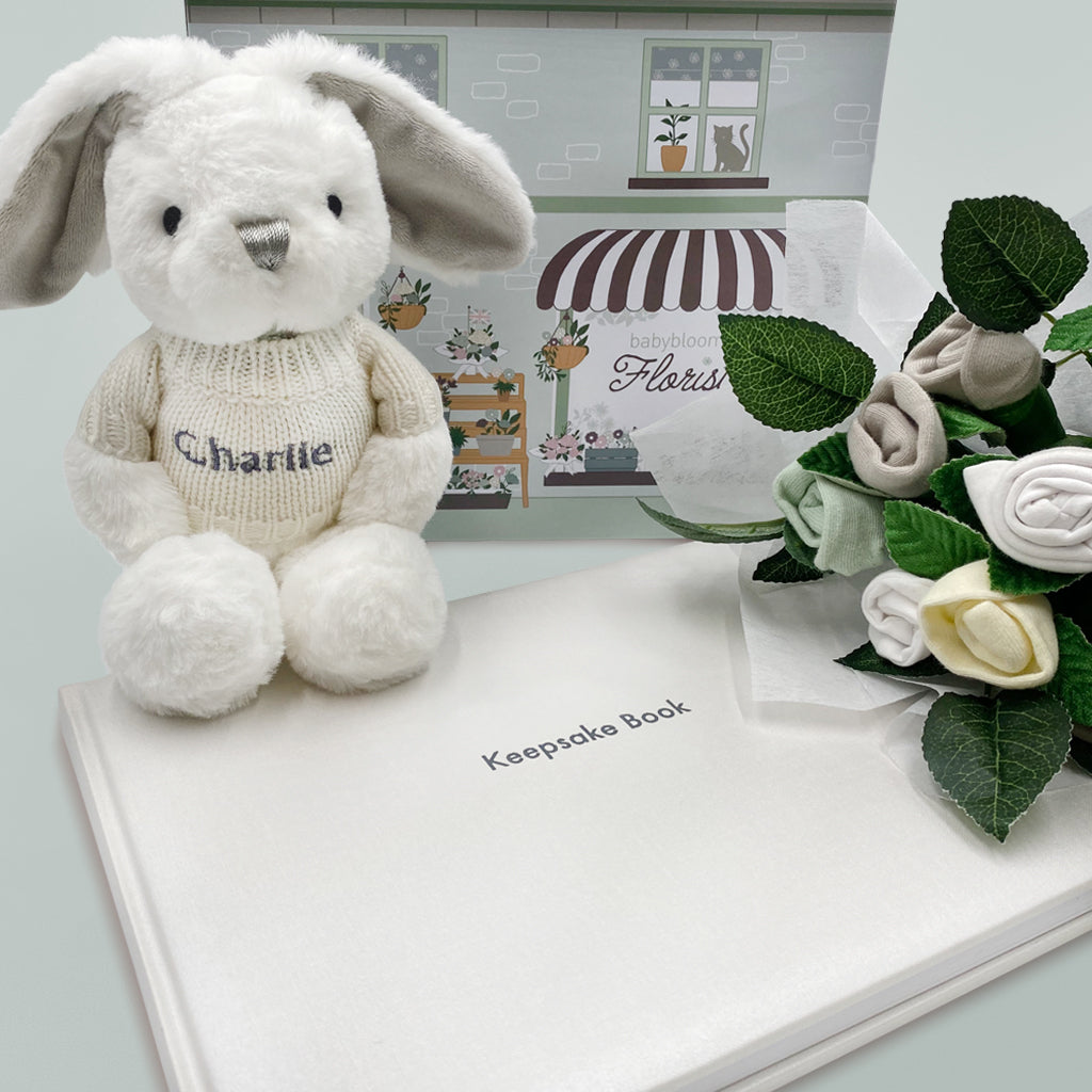 Personalised Baby Blessings Keepsake Hamper with Little Grey Bunny