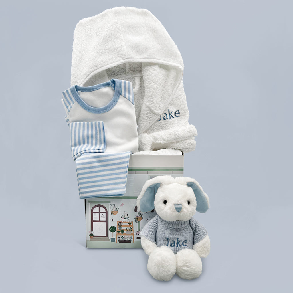 Baby Boy Hamper Of Personalised Bed And Bathtime Bathrobe And Blue Soft Toy Bunny