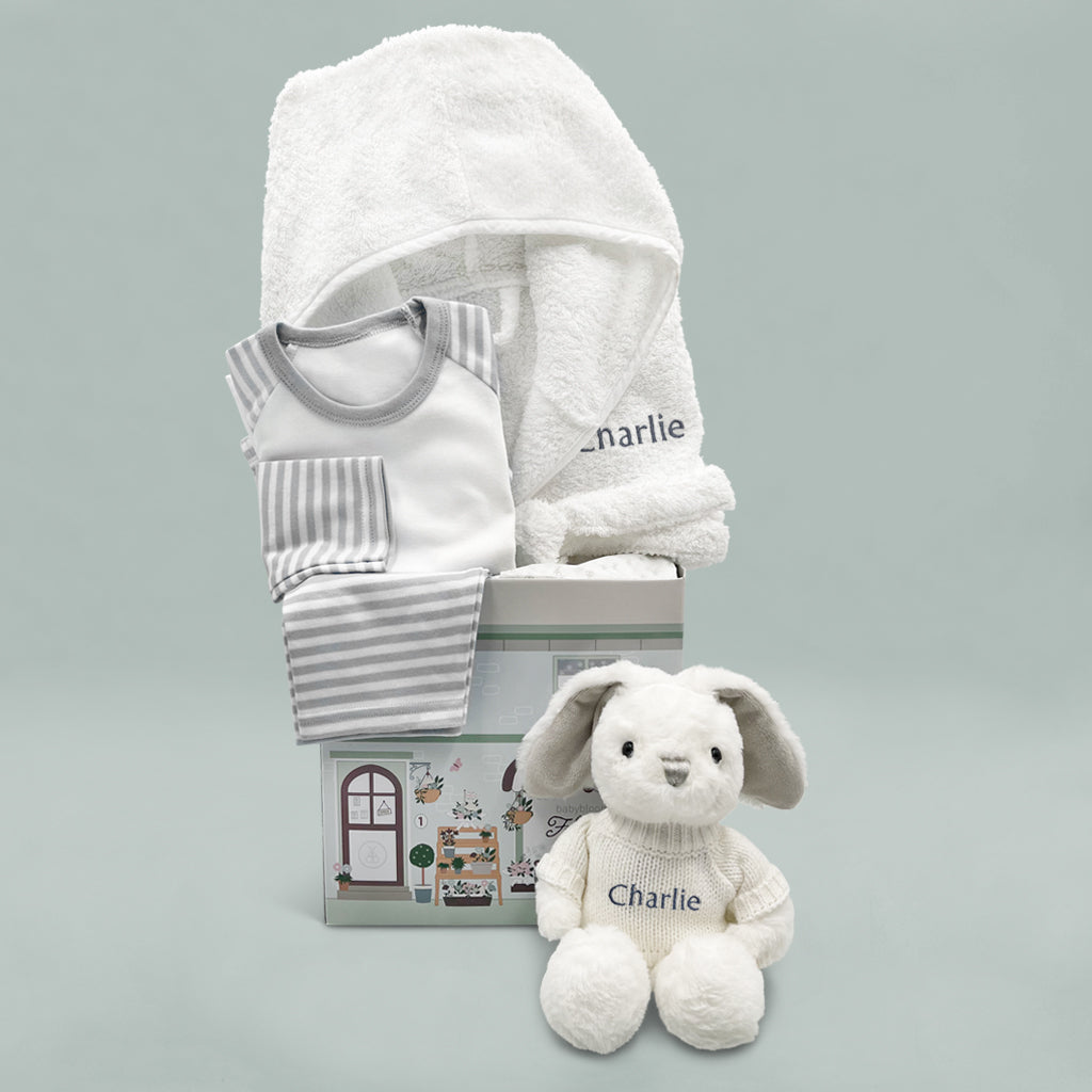 Baby Hamper Of Personalised Bed And Bathtime Bathrobe And Grey Soft Toy Bunny