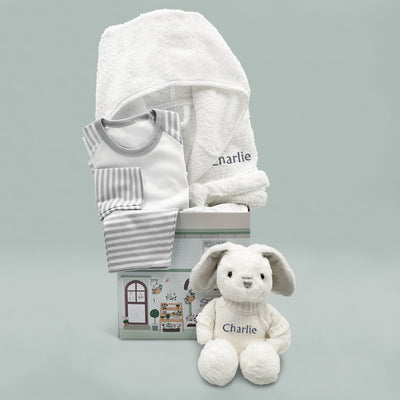 Baby Hamper Of Personalised Bed And Bathtime Bathrobe And Grey Soft Toy Bunny