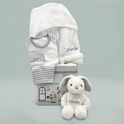 Little Bunny Bath and Bedtime Hamper, Grey - 6-12 Months with White Personalised Bathrobe