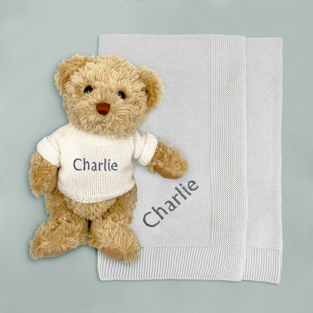 Personalised Bertie Bear with Blanket, Grey