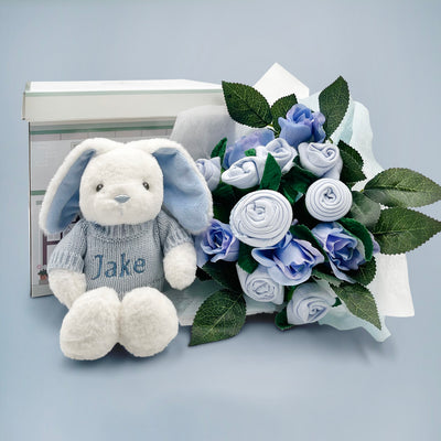 New Baby Boy Gift Baby Clothes Blue Bouquet With Personalised Bunny Soft Toy