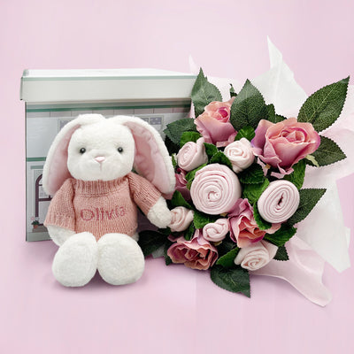 New Baby Girl Gift Baby Clothes Pink Bouquet With Personalised Bunny Soft Toy