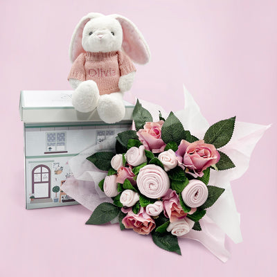 Hand Tied Baby Clothes Bouquet and Personalised Bunny, Pink