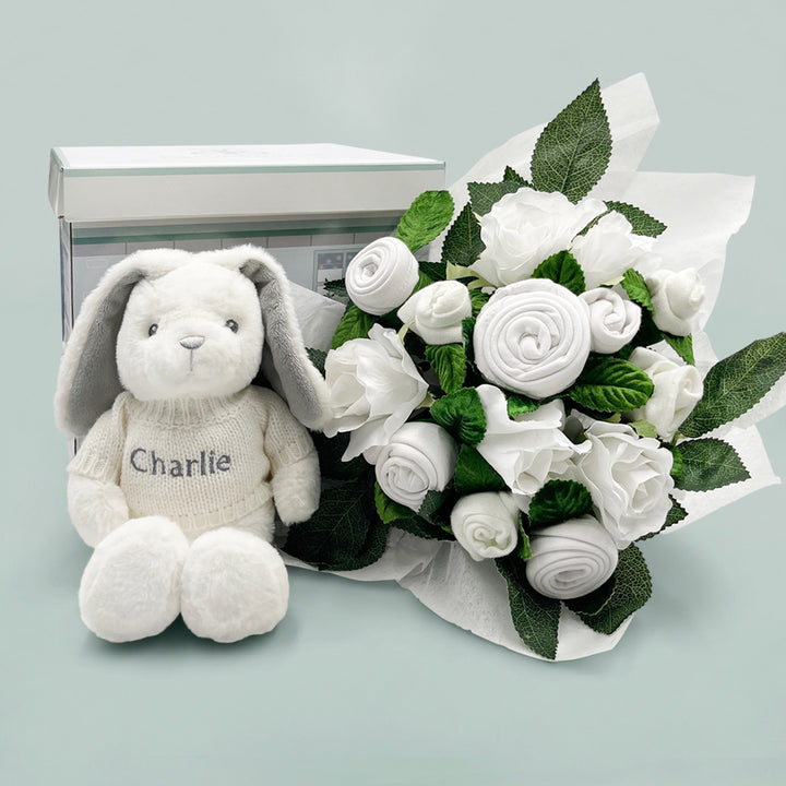 New Baby Gift Baby Clothes Blue Bouquet With Personalised Bunny Soft Toy