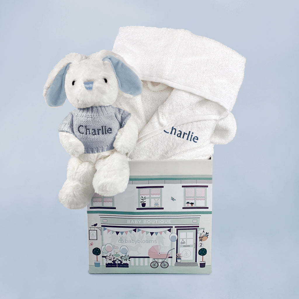 New Baby Boy Hamper Of Personalised Bathrobe And Blue Soft Toy Bunny