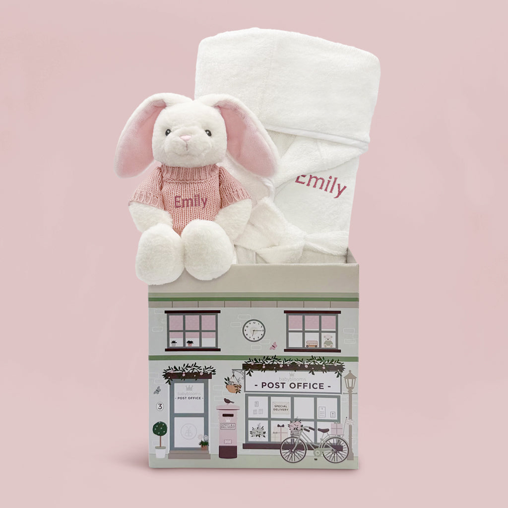 Baby Girl Gift Hamper Of Personalised Bathrobe And Pink Soft Toy Bunny