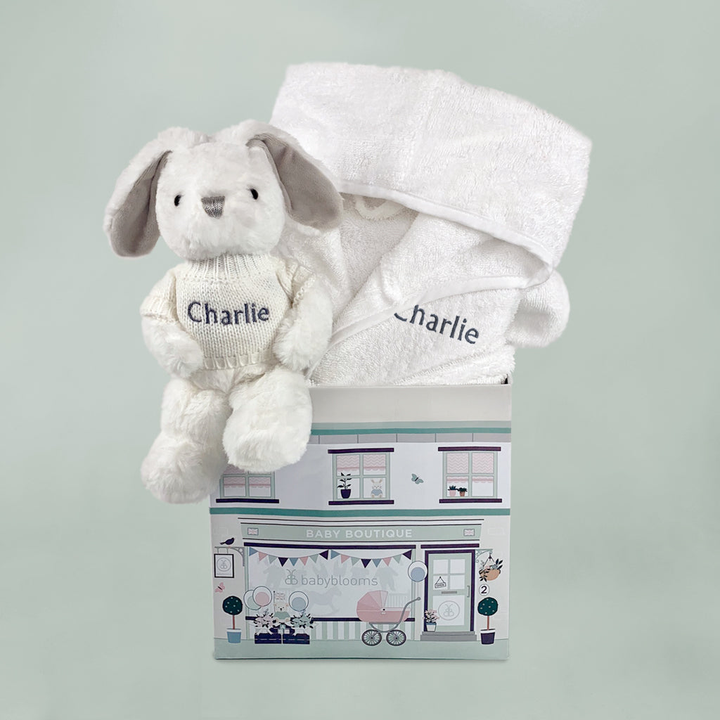 Little Bunny and Bathrobe Hamper, Grey - 0-12 Months with White Personalised Bathrobe