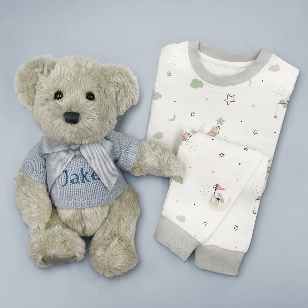 Personalised New Baby Boy Gift With Teddy Bear And Pyjamas
