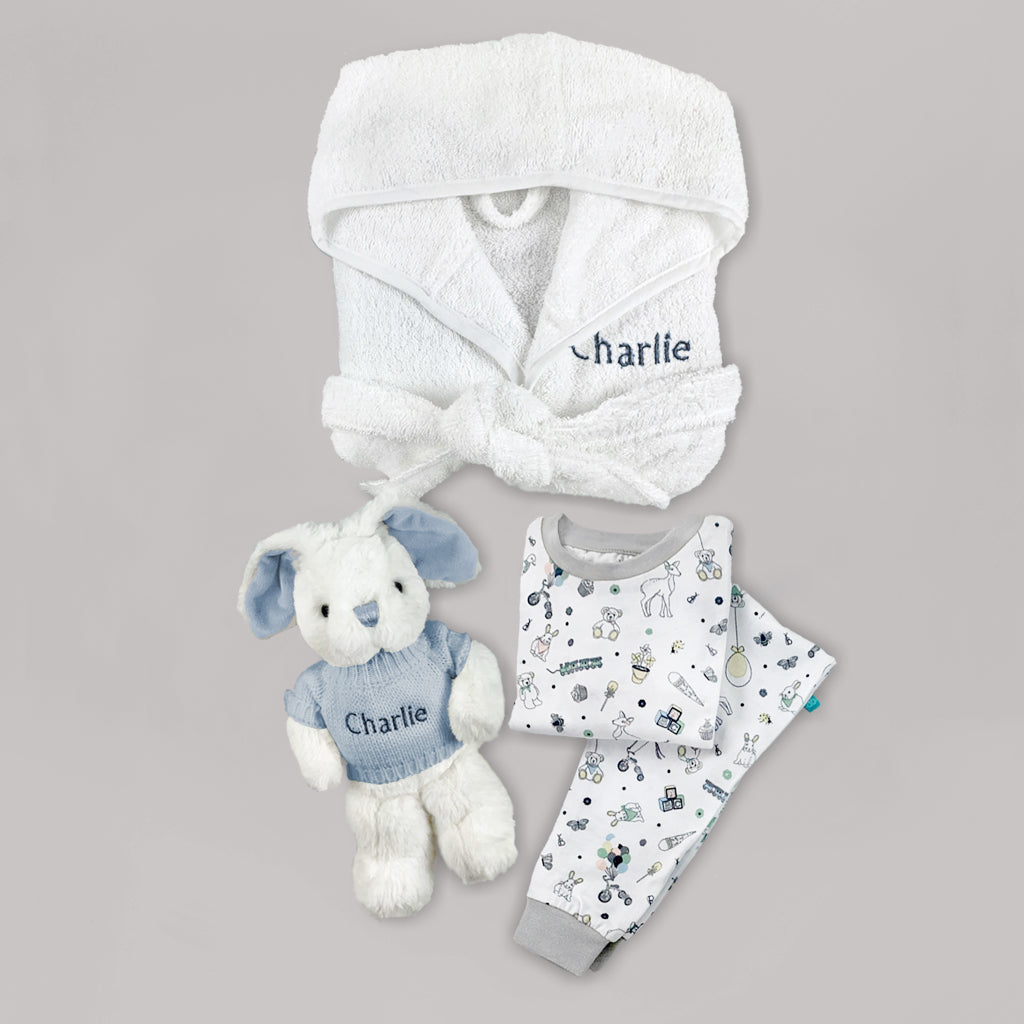 Little Bunny Bath and Bedtime Hamper, Blue - 1-2 Years with White Personalised Bathrobe