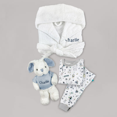 Little Bunny Bath and Bedtime Hamper, Blue - 1-2 Years with White Personalised Bathrobe