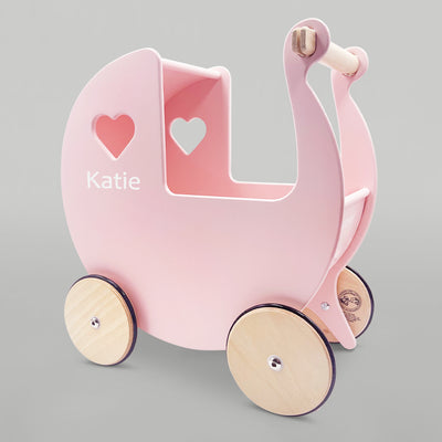 Personalised Pink Wooden Pram & Bernard Bear