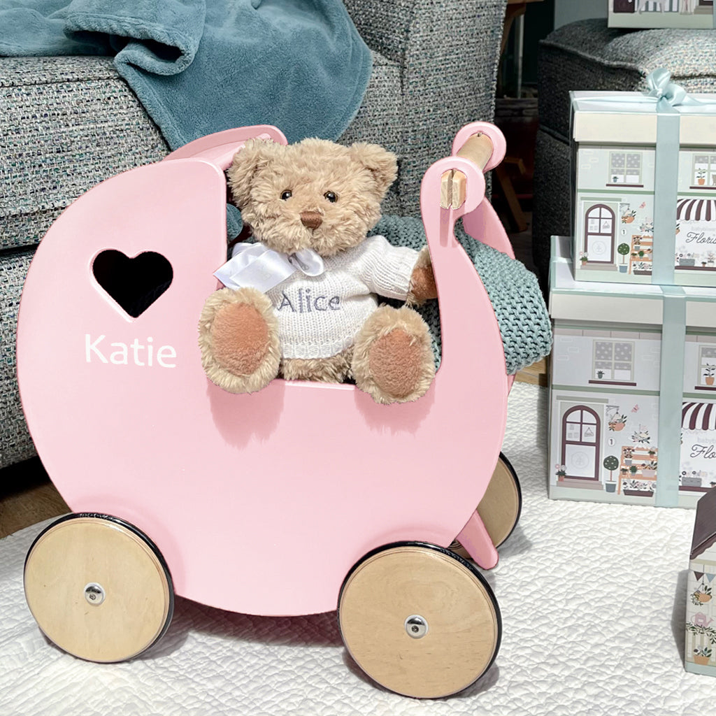 Personalised Pink Wooden Dolls Pram