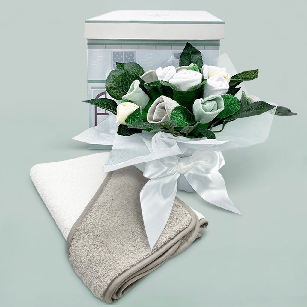 Welcome Baby Clothes Posy With Hooded Baby Towel, Neutral
