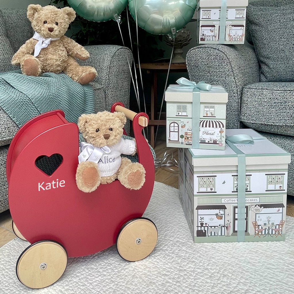 Personalised Red Wooden Dolls Pram