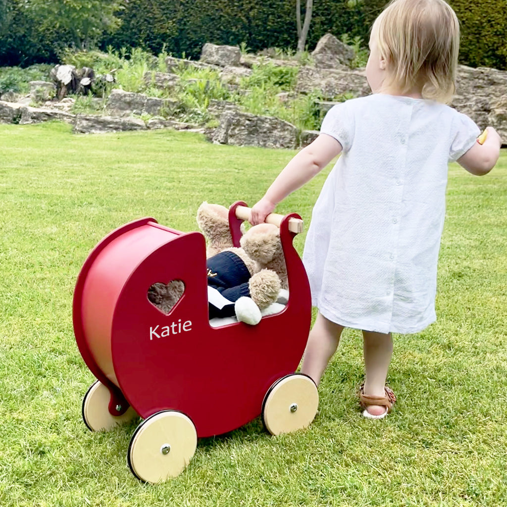 Personalised Red Wooden Pram & Bernard Bear