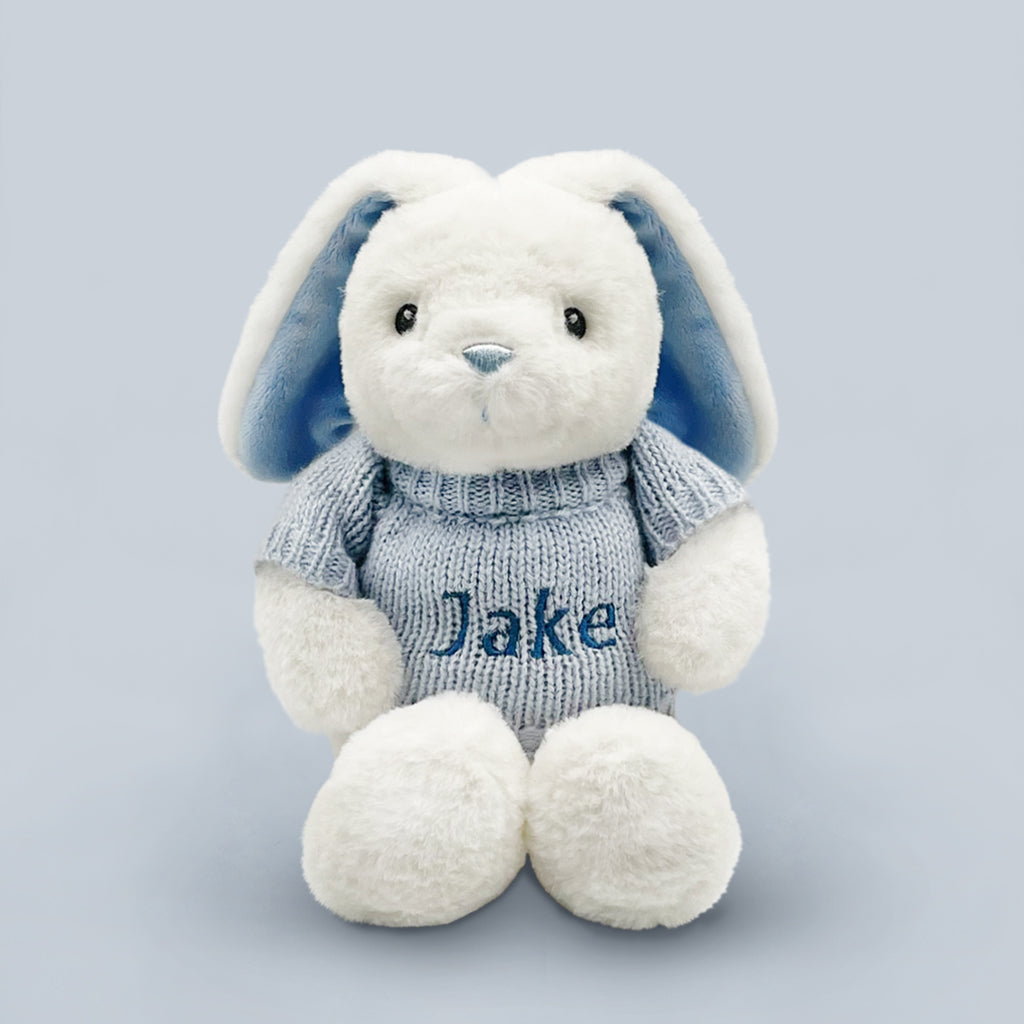 Little Bunny and Bathrobe Hamper, Blue - 0-12 Months with White Personalised Bathrobe