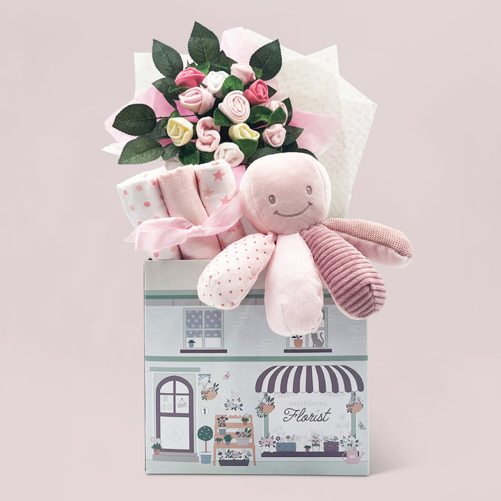 New Baby Girl Hamper With Activity Octopus Soft Toy Pink