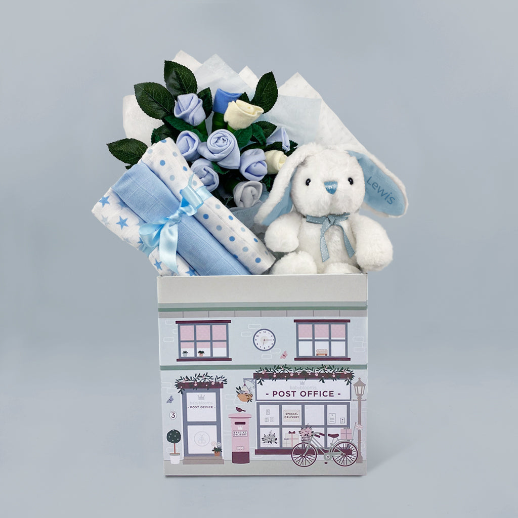 Personalised Baby Boy Sunny  Gift Hamper With Eco Soft Toy Bunny