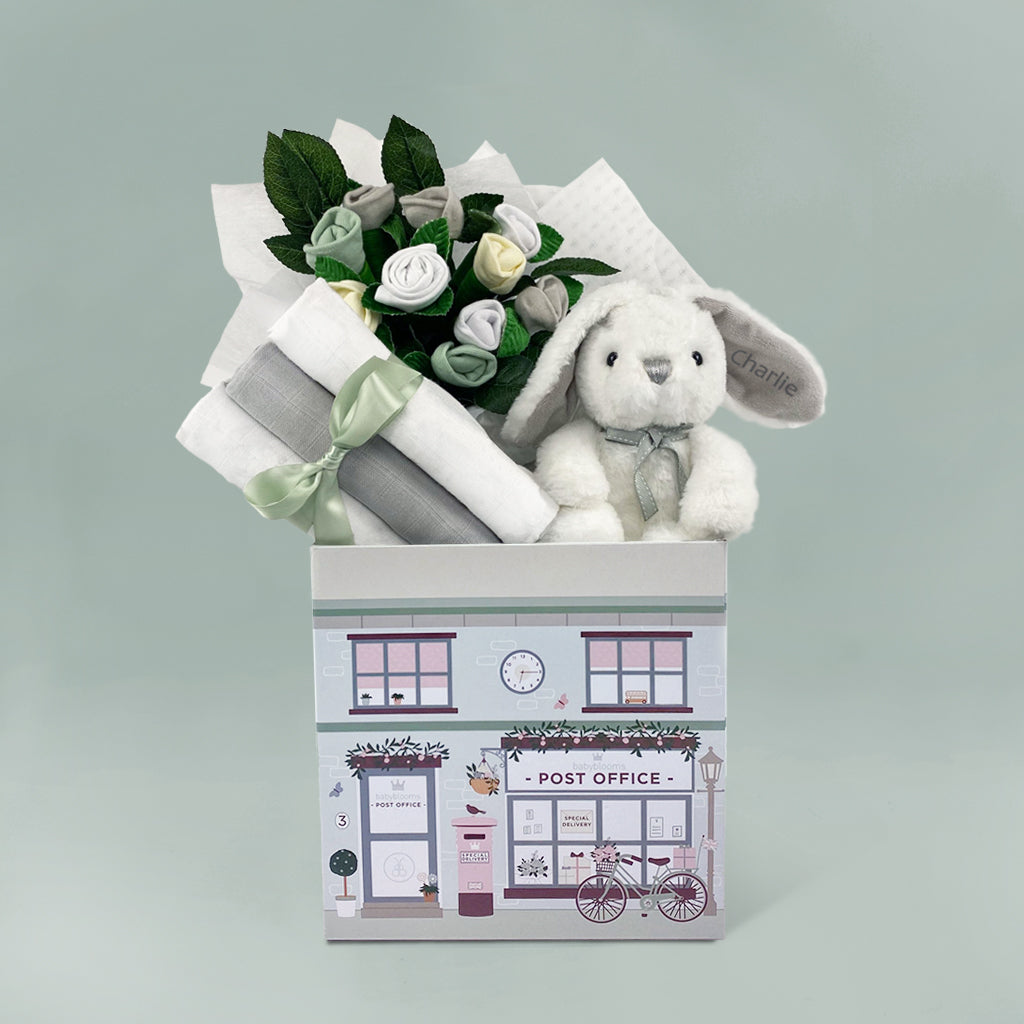 Personalised Little Grey Bunny Welcome Baby Hamper