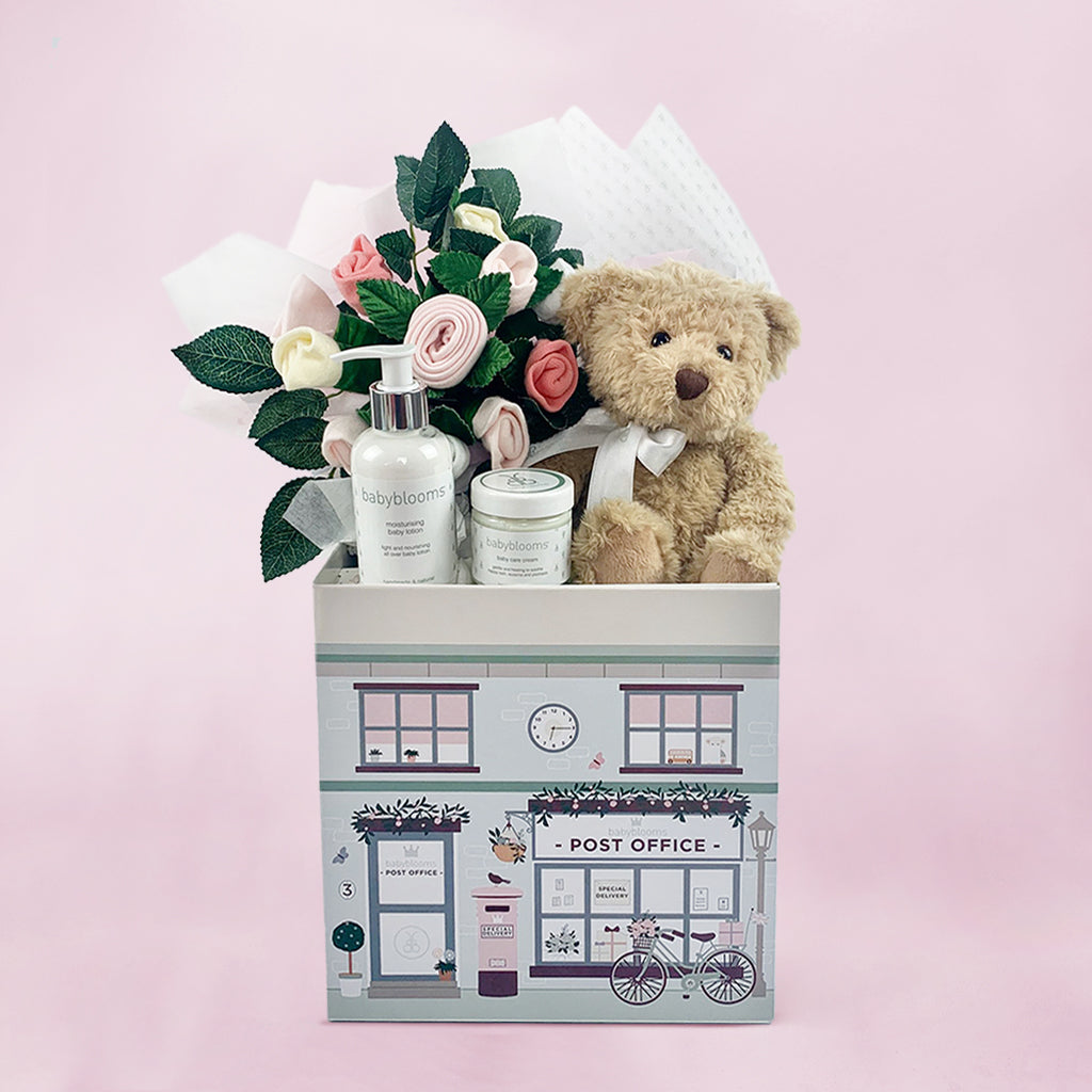 New Baby Girl Hamper Gift With Teddy Bear