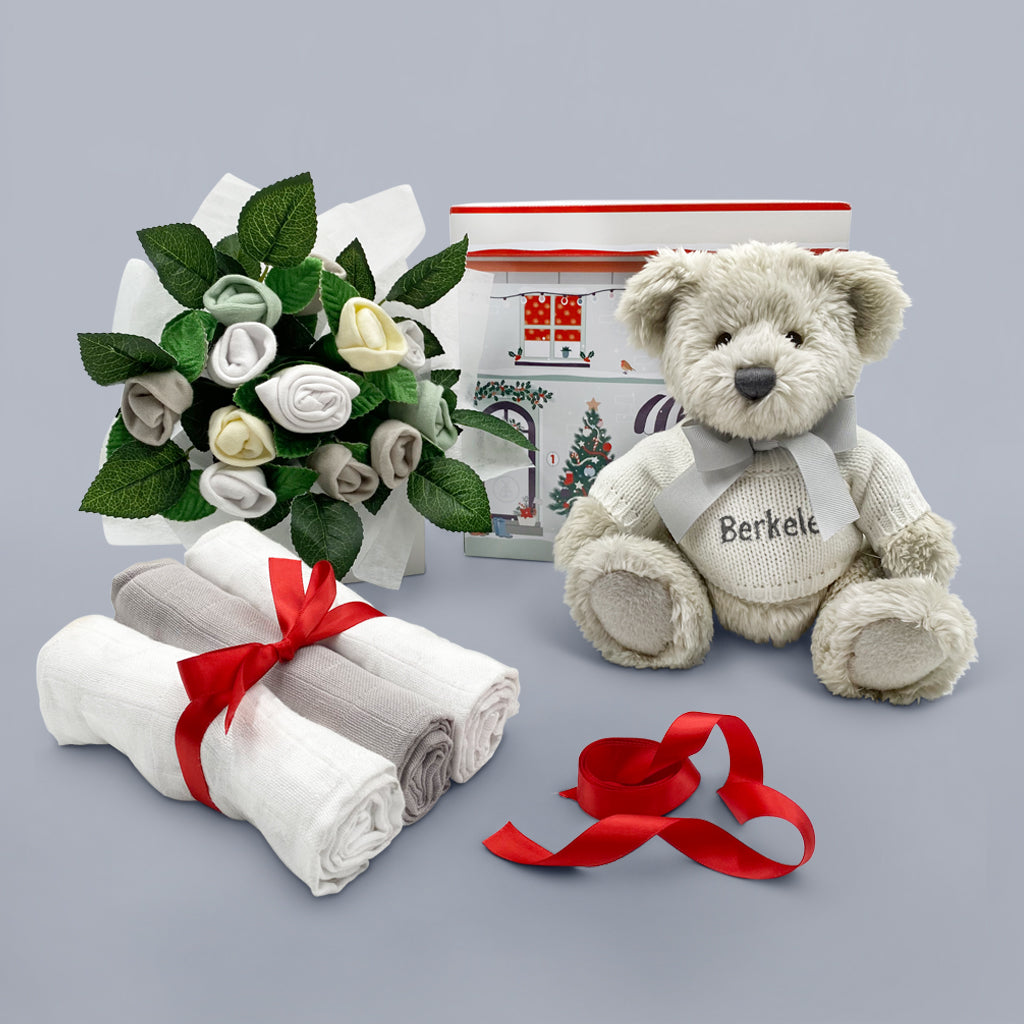 New Baby Christmas Welcome Hamper with Personalised Berkeley Bear, Grey