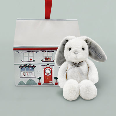 Personalised Christmas Baby Bunny with Christmas Gift Box, Grey