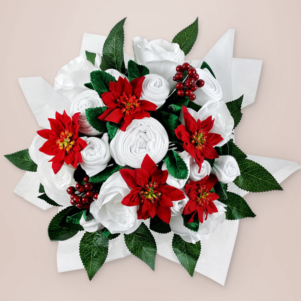 Christmas Luxury Rose Baby Clothes Bouquet with Personalised Snuggle Wrap, Grey