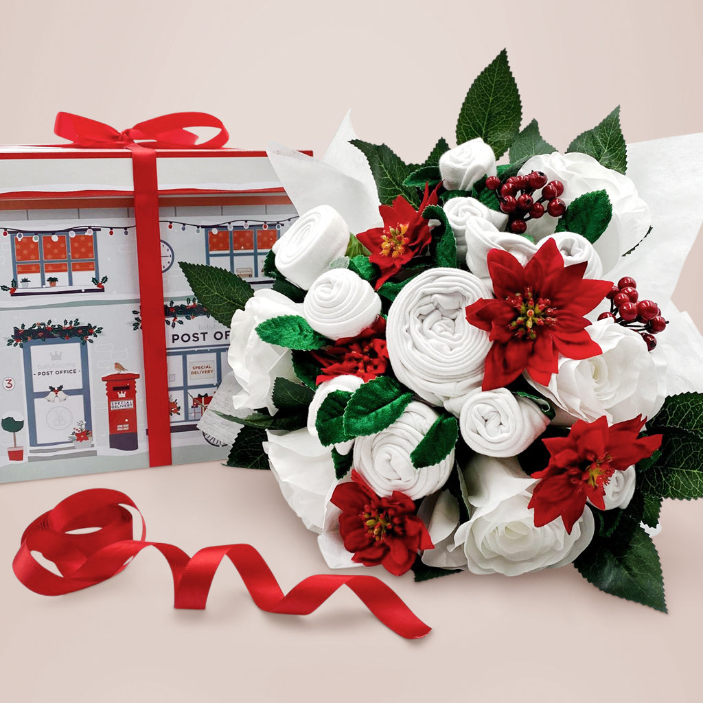 Christmas Luxury Rose Baby Clothes Bouquet with Personalised Snuggle Wrap, Grey