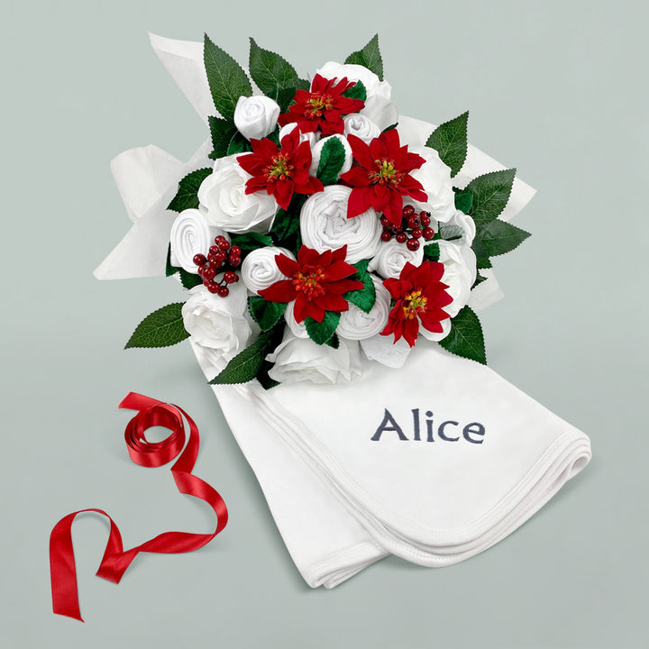 Christmas Luxury Rose Baby Clothes Bouquet with Personalised Snuggle Wrap, Grey