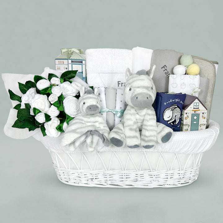 Personalised New Baby Hamper With Soft Zebra Soft Toys And Moses Basket