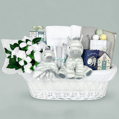 Personalised New Baby Hamper With Soft Zebra Soft Toys And Moses Basket