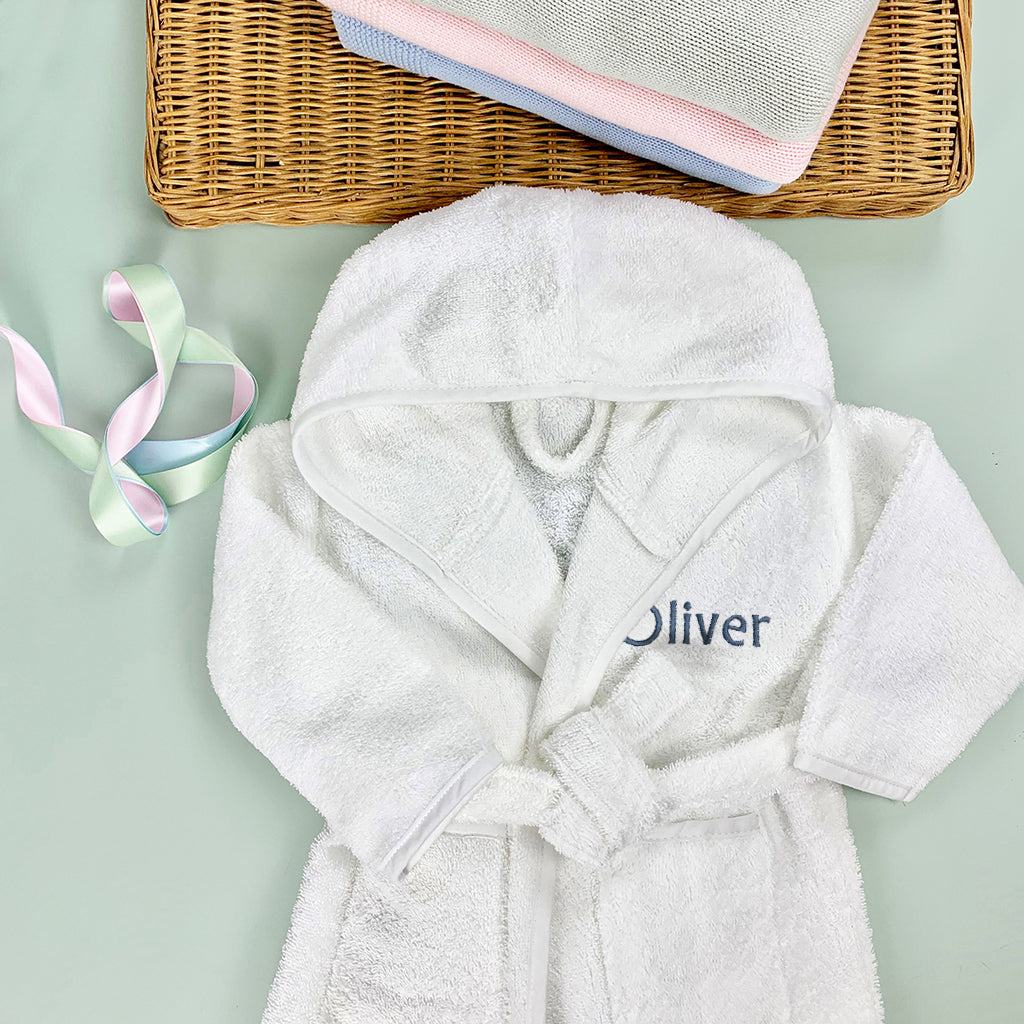 Little Bunny and Bathrobe Hamper, Blue - 0-12 Months with White Personalised Bathrobe
