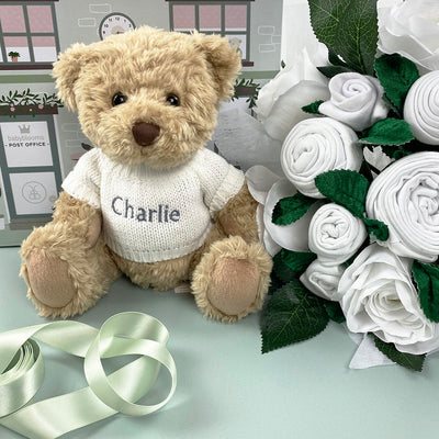 Luxury Rose Baby Clothes Bouquet and Personalised Teddy Bear, White