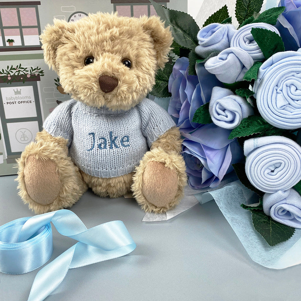 Luxury Rose Baby Clothes Bouquet and Personalised Teddy Bear, Blue