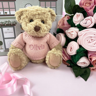 Luxury Rose Baby Clothes Bouquet and Personalised Teddy Bear, Pink